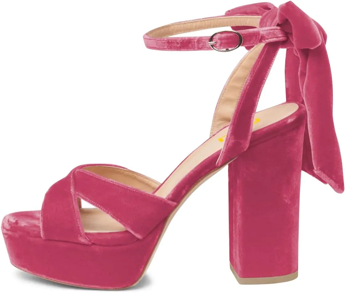FSJ Women Platform Chunky High Heel Sandals Velvet Peep Toe Bowtie Ankle Strap with Buckle Party Evening Dress Pumps Shoes Size 4-15 US