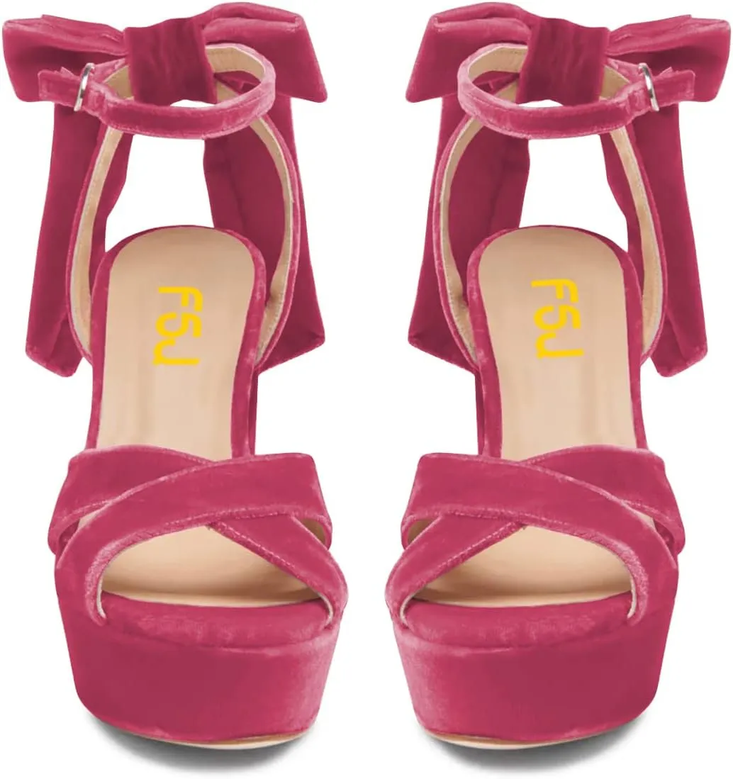 FSJ Women Platform Chunky High Heel Sandals Velvet Peep Toe Bowtie Ankle Strap with Buckle Party Evening Dress Pumps Shoes Size 4-15 US