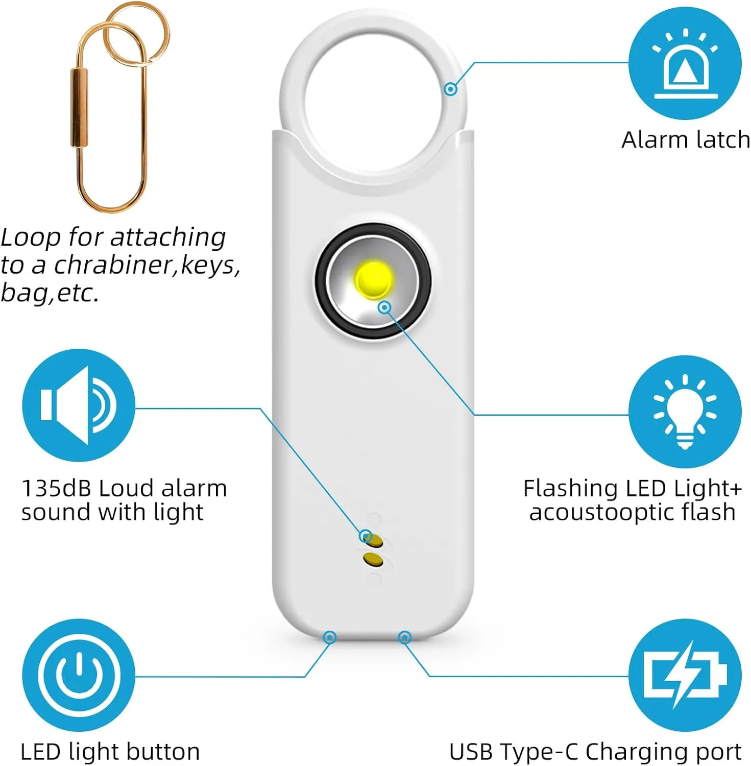 Fuers Personal Safety Alarm for Women - Self Defense Keychain - Personal Alarm for Women - 135dB Siren LED Strobe Light and Key Chain,for Women Kids and Elders, White