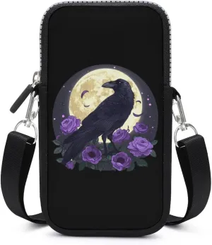Full Moon Gothic Witchy Crow Roses Mystical Cell Phone Purse Small Cross-body Bags Portable Shoulder Bag with Zippered for Women Men