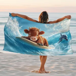 Fun Cow Surfing Beach Towel Cute Cartoon Animal Print, Quick Dry Microfiber Sand Free Lightweight Bath Towel, Ideal for Beach Pool Gym Travel Picnic Essentials 70x35 Inch