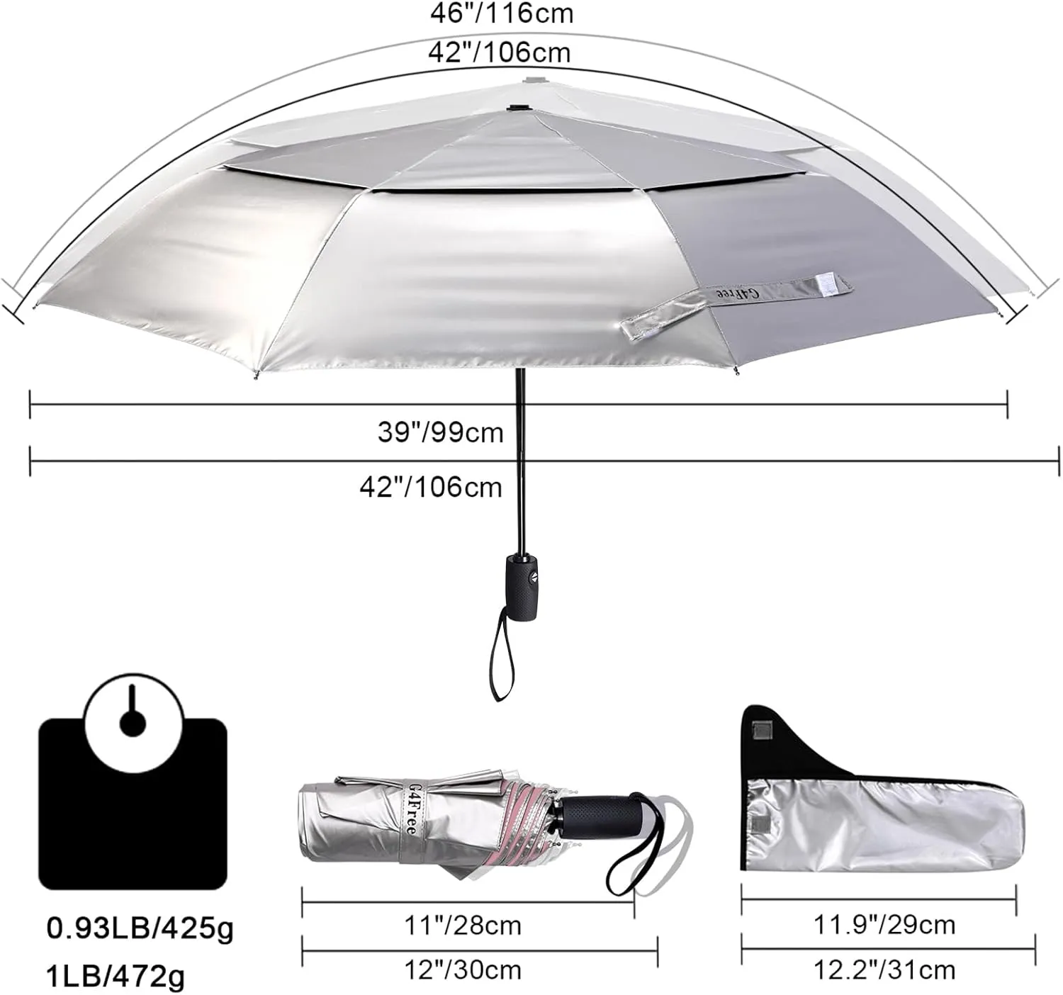 G4Free UPF 50  UV Protection Travel Umbrella 42/46 Inch Windproof Silver Coating Sun Blocking Umbrella