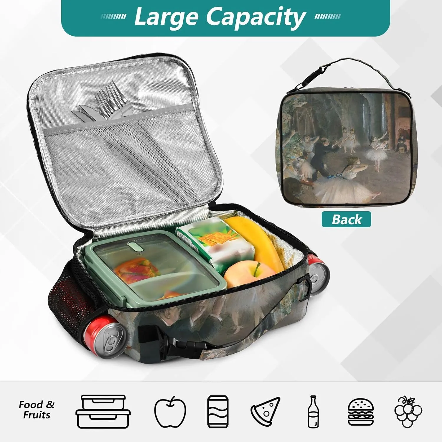 GAIGEO Edgar Degas Prints Rehearsal Lunch Box Girls Women Lunch Bag Kids Mens Lunchbox for Work Reusable Cooler Bag Insulated with Adjustable Shoulder Strap