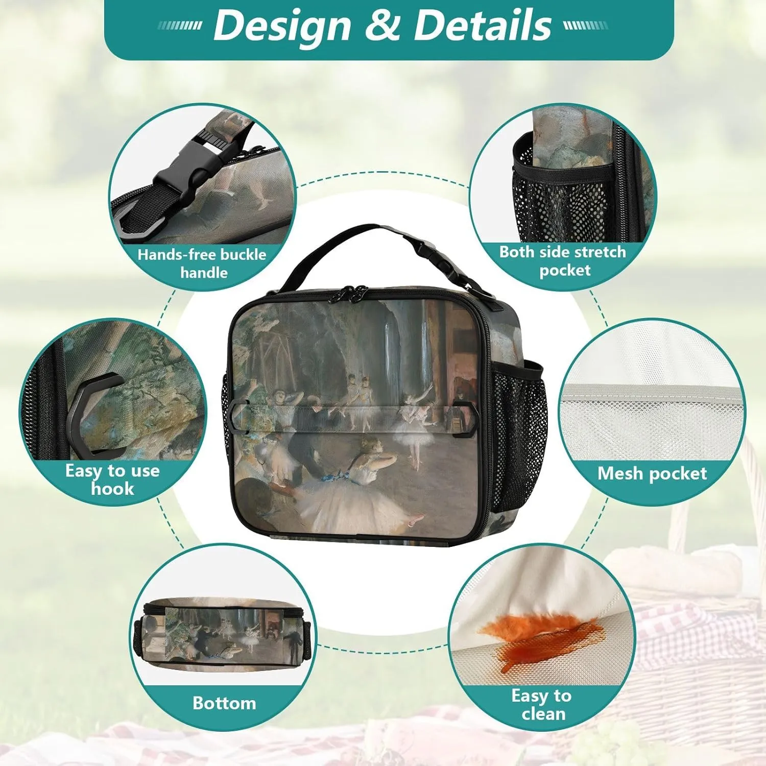 GAIGEO Edgar Degas Prints Rehearsal Lunch Box Girls Women Lunch Bag Kids Mens Lunchbox for Work Reusable Cooler Bag Insulated with Adjustable Shoulder Strap