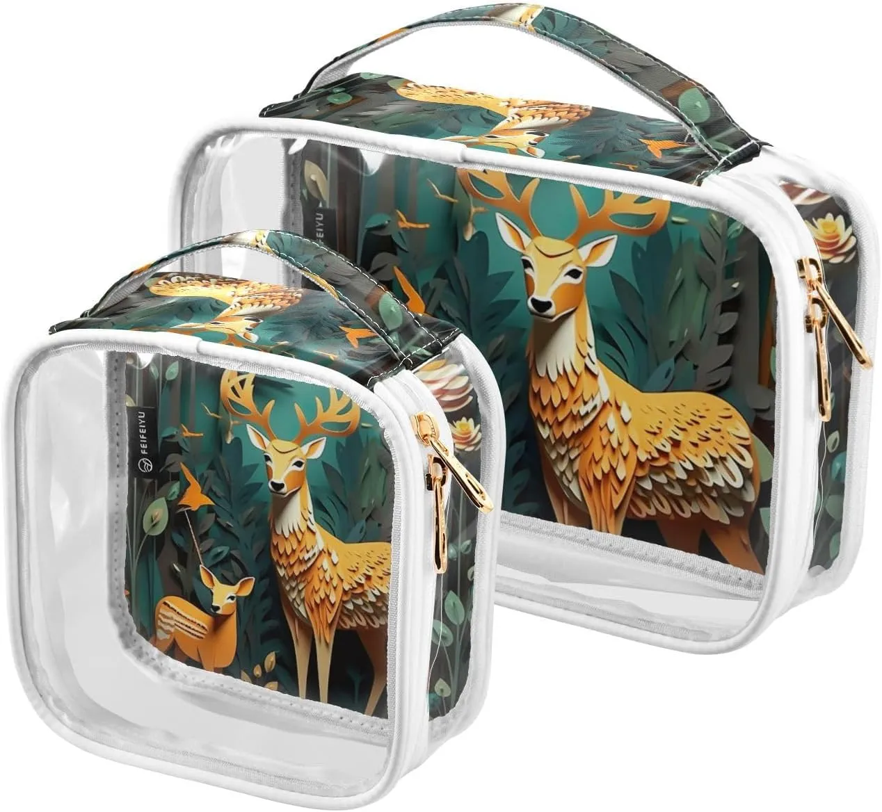 GAIGEO Paper Art Deer with Insects Clear Makeup Bag Set, Clear Makeup Bag Traveling, Cosmetic Travel Accessories, 2 Pack
