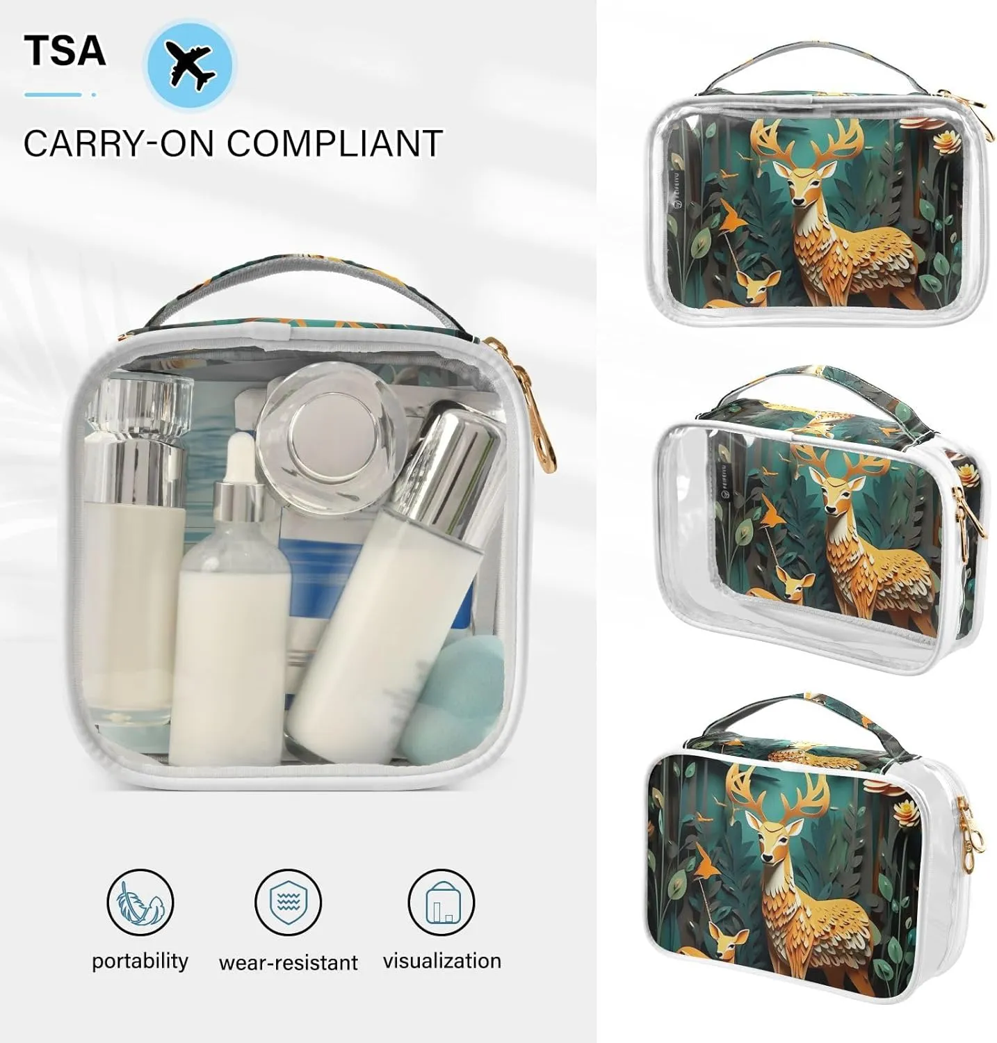 GAIGEO Paper Art Deer with Insects Clear Makeup Bag Set, Clear Makeup Bag Traveling, Cosmetic Travel Accessories, 2 Pack