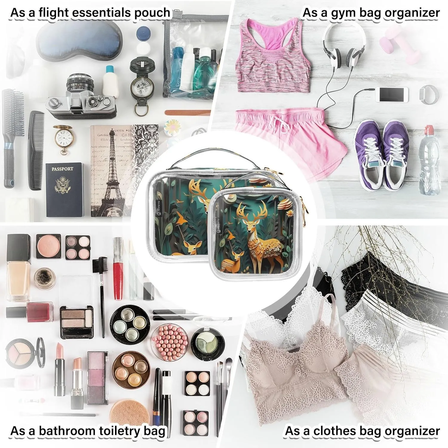 GAIGEO Paper Art Deer with Insects Clear Makeup Bag Set, Clear Makeup Bag Traveling, Cosmetic Travel Accessories, 2 Pack