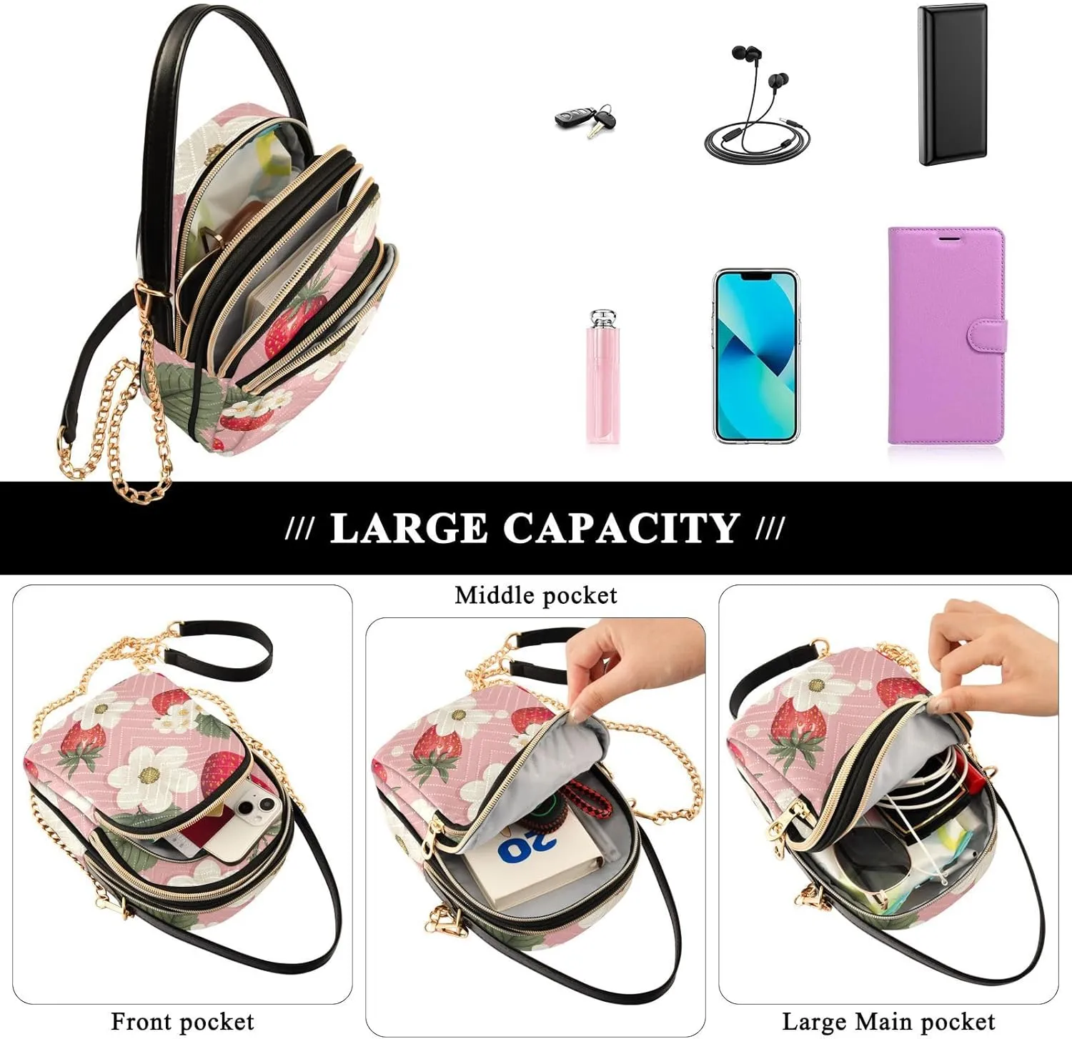 GAIGEO Strawberries and Flowers Women s Crossbody Handbags, Fashionable Crossbody Bags Shoulder Purse Crossbody