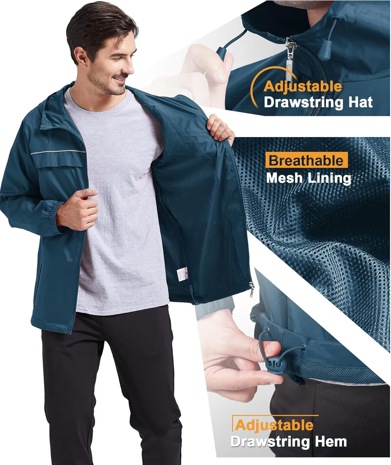 GEEK LIGHTING Mens Waterproof Hooded Rain Jacket Lightweight Raincoat for Outdoor Hiking Running Travel