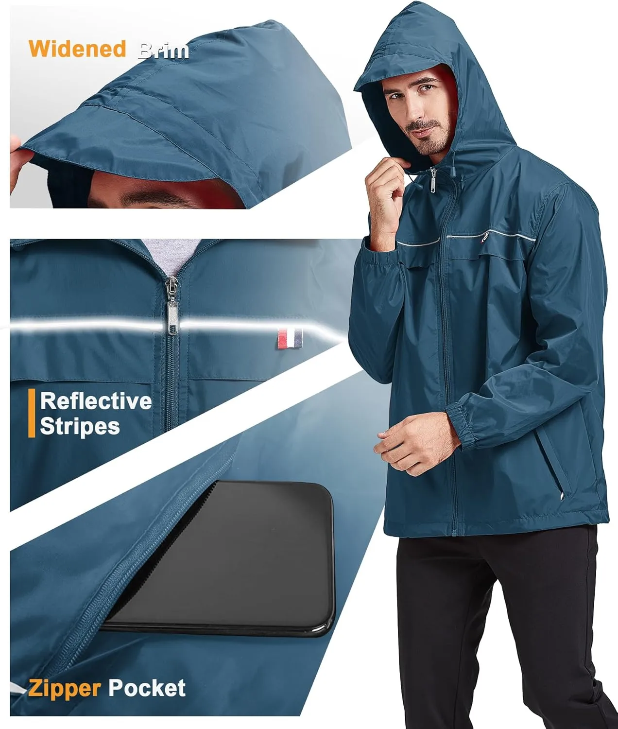GEEK LIGHTING Mens Waterproof Hooded Rain Jacket Lightweight Raincoat for Outdoor Hiking Running Travel
