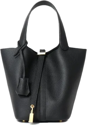 Genuine Leather Handbag Lock Design Bucket Bag Vegetable Basket Fashionable Versatile Shoulder Handbag