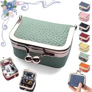 Genuine Leather Mini Jewelry Box, Portable Vintage-Inspired Genuine Leather Coin Purse Jewelry Case with Kiss Lock, Mini Travel Ring Box for Women for Earring/Ring/Necklace/Bracelet(Green)