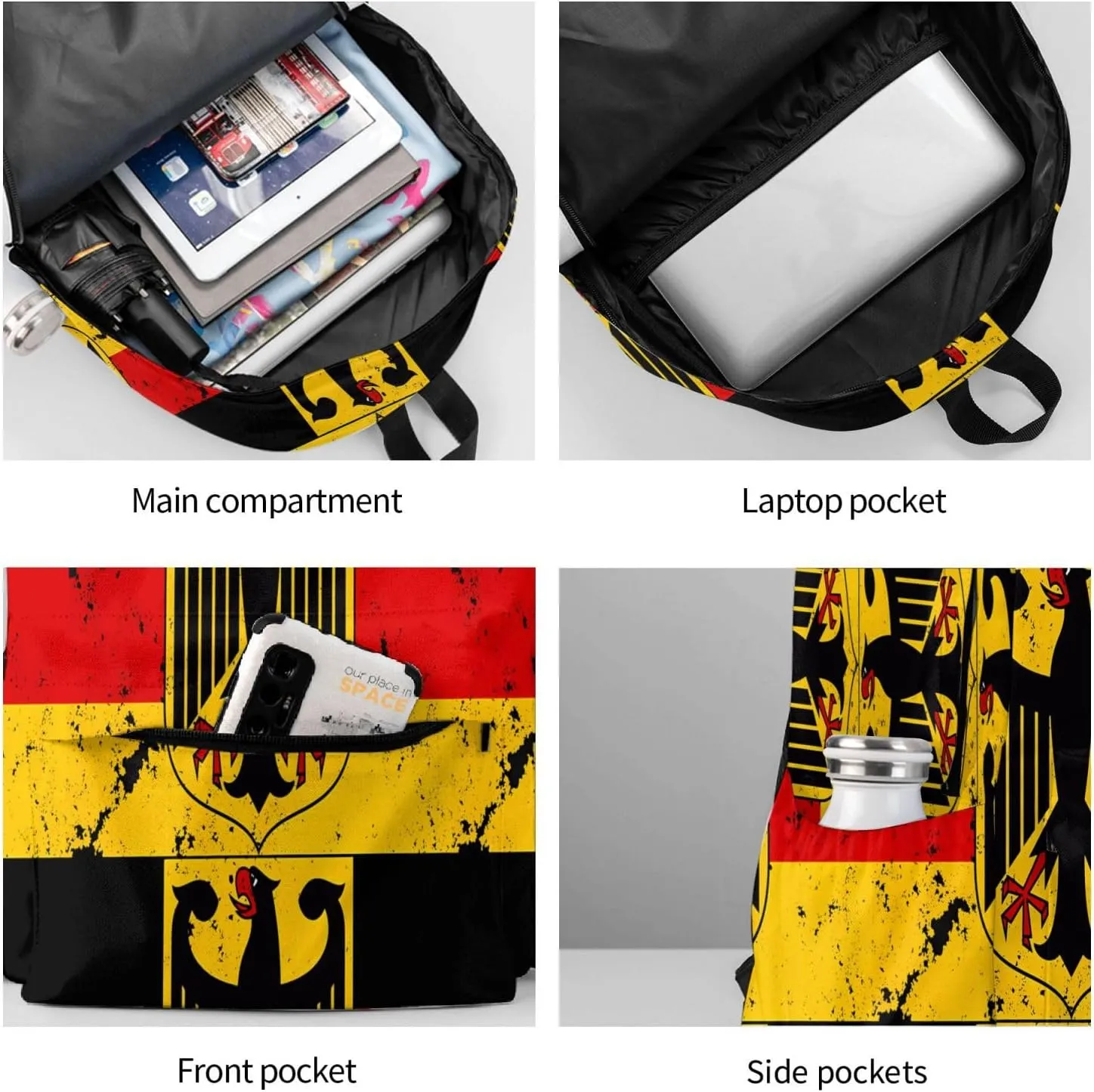 Germany Coat Of Arms German Flag Laptop Commuter Backpack Shoulder Bag Casual Back Pack Daypack Bags With Side Pockets For Work Travel Daily Use