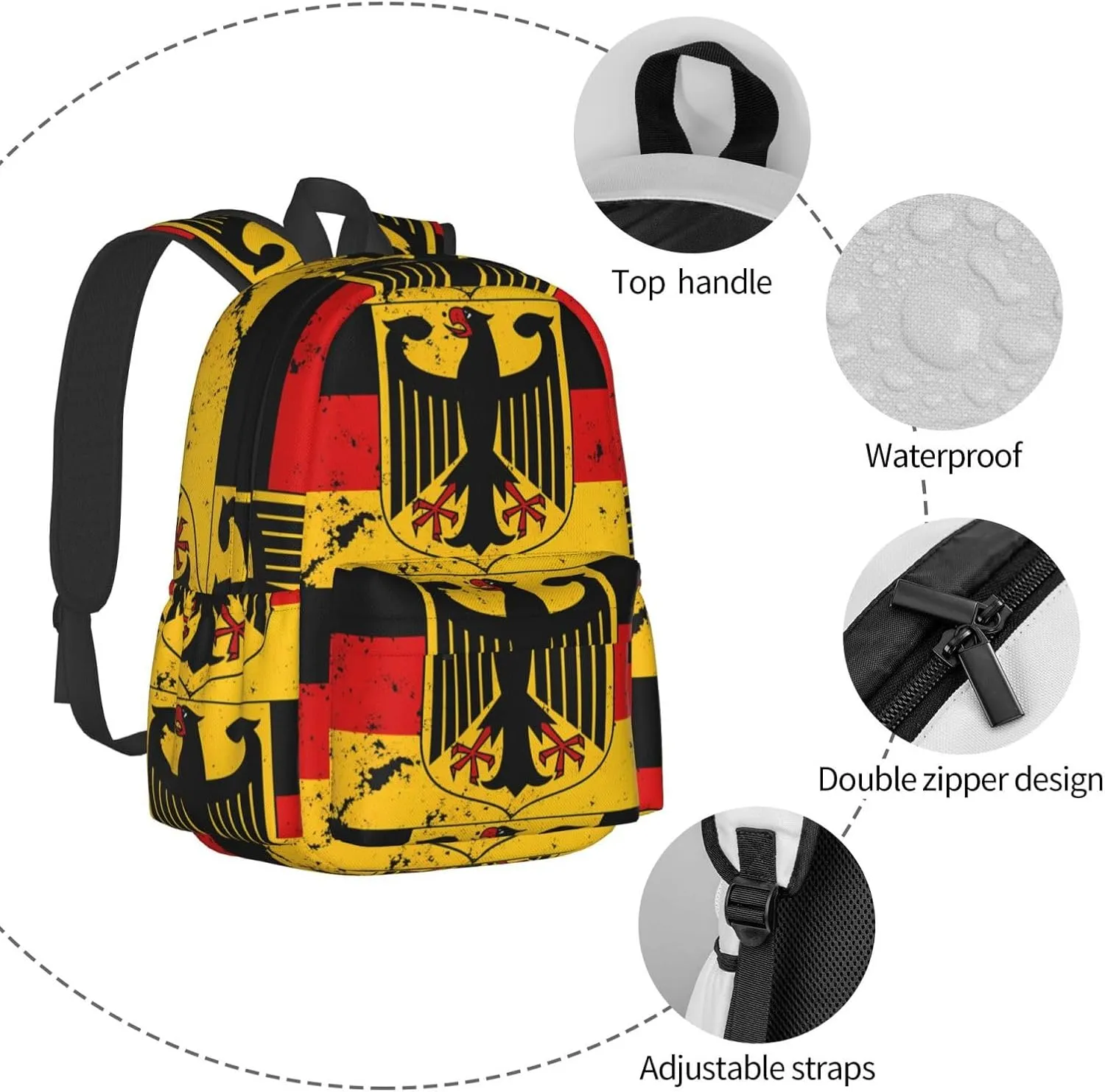 Germany Coat Of Arms German Flag Laptop Commuter Backpack Shoulder Bag Casual Back Pack Daypack Bags With Side Pockets For Work Travel Daily Use