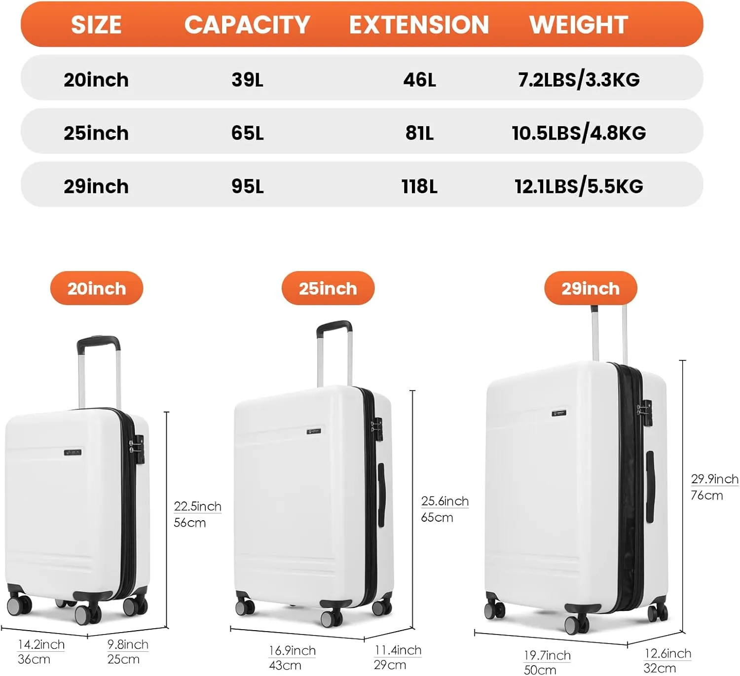GinzaTravel 3-Piece Luggage Sets Expandable Suitcases with 4 Wheels PC ABS Durable Hardside Luggage sets TSA lock(White, 3-Piece Set(20"/25"/29"))