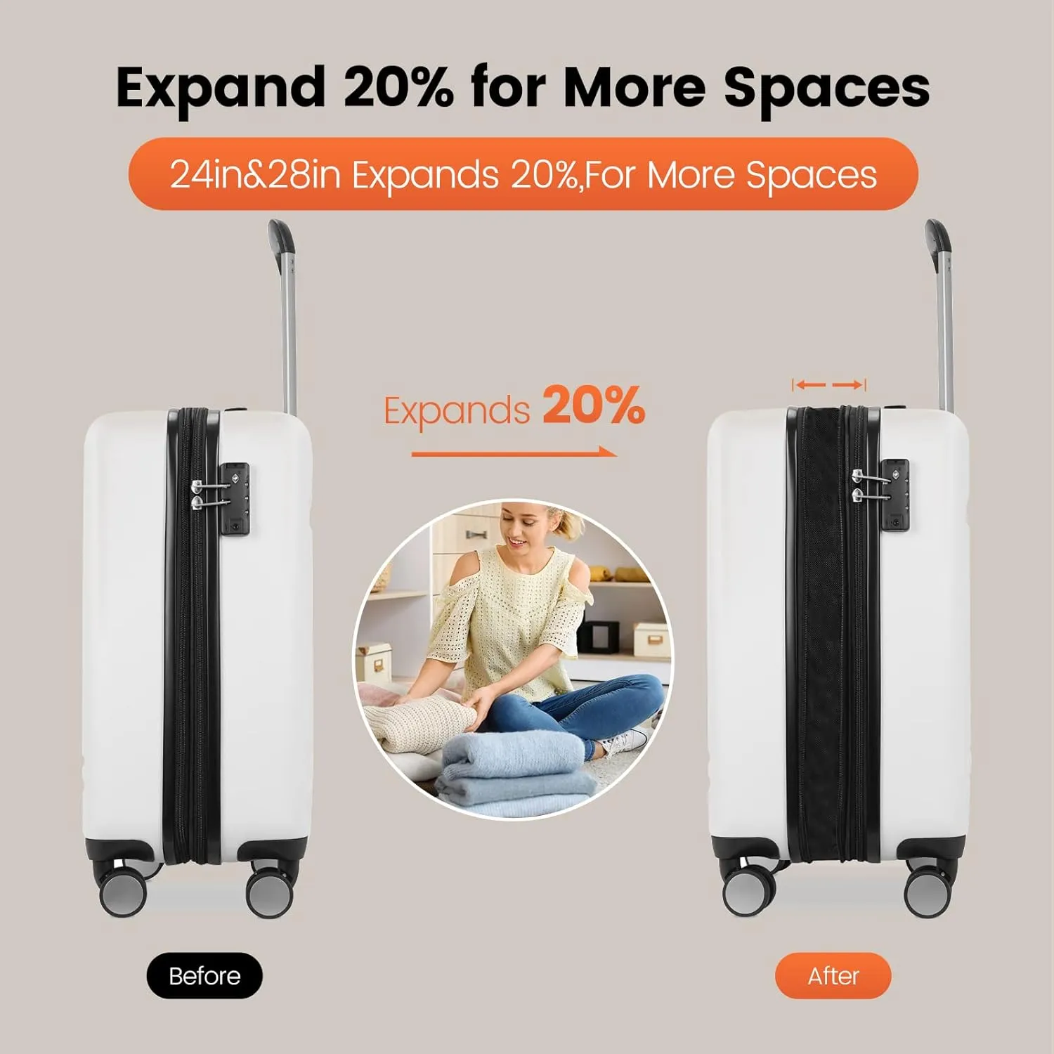 GinzaTravel 3-Piece Luggage Sets Expandable Suitcases with 4 Wheels PC ABS Durable Hardside Luggage sets TSA lock(White, 3-Piece Set(20"/25"/29"))