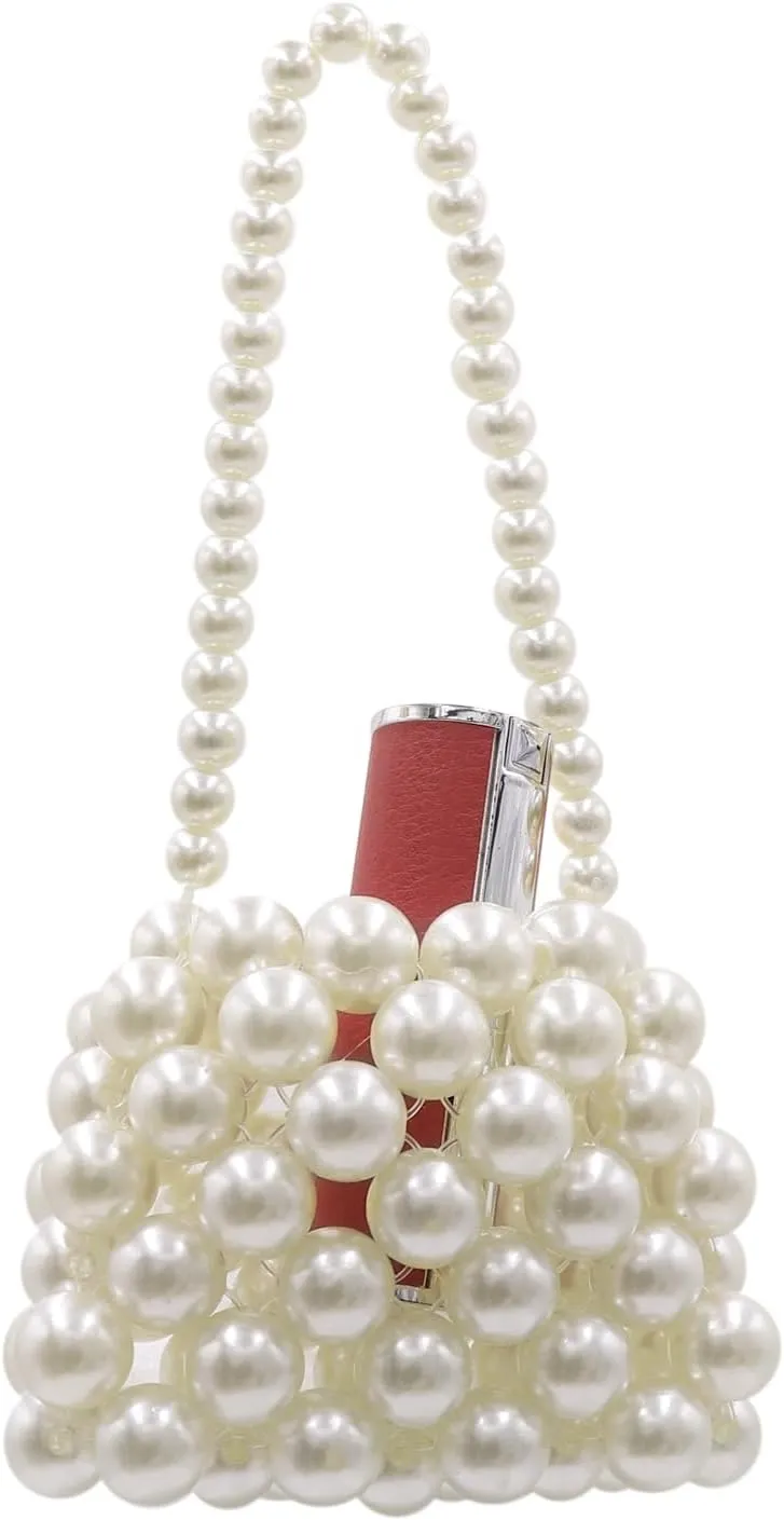 Girls Mini White Pearl Purse Handbag Acrylic Beads Handbag Shoulder Bag Pearl Beaded Clutch Evening Bag for Women