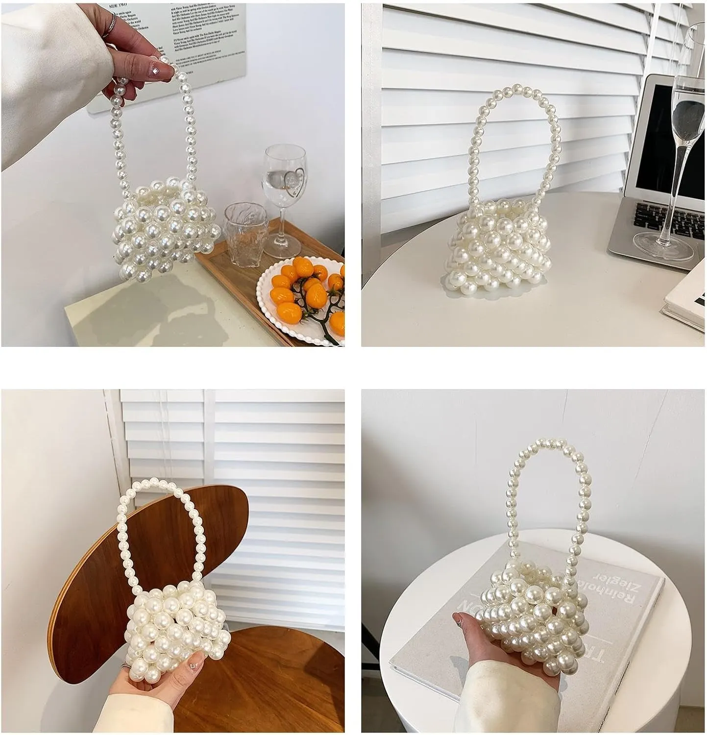 Girls Mini White Pearl Purse Handbag Acrylic Beads Handbag Shoulder Bag Pearl Beaded Clutch Evening Bag for Women
