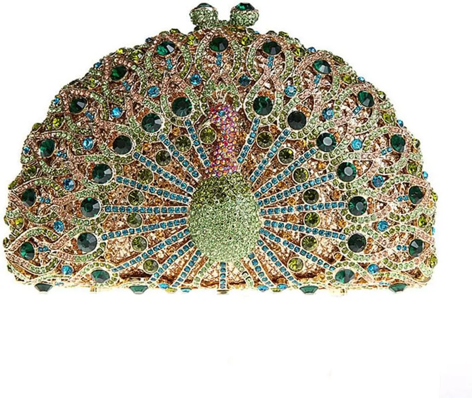 Glitter Women Peacock Crystal Clutch Seashell Handbag Animal Rhinestone Evening Clutch Bridal Purse for Prom Party