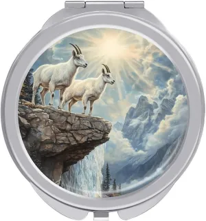 Goats Lambs Snow Mountain River Travel Makeup Mirror 2-Sided 1x 2X Magnification Portable Mini Mirror for Handbag Purse Pocket