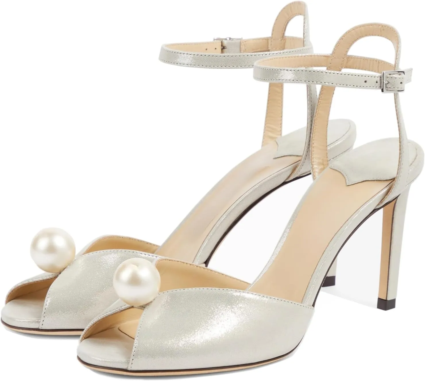 Goolita Womens Peep Toe Stiletto Heeled Sandals Shiny Pearl Buckle Ankle Strap Wedding Pumps Dress Evening Bride Bridal Shoes