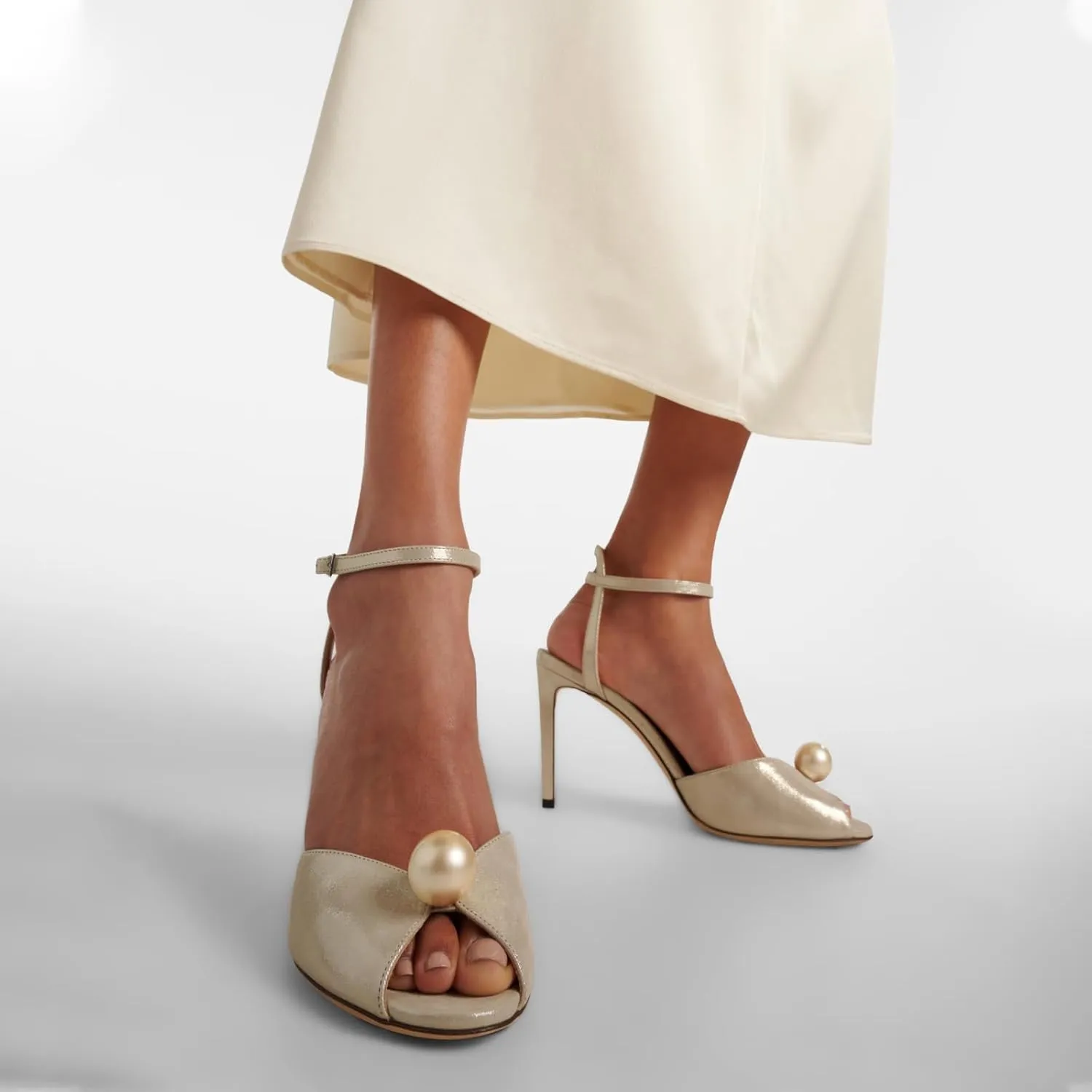 Goolita Womens Peep Toe Stiletto Heeled Sandals Shiny Pearl Buckle Ankle Strap Wedding Pumps Dress Evening Bride Bridal Shoes