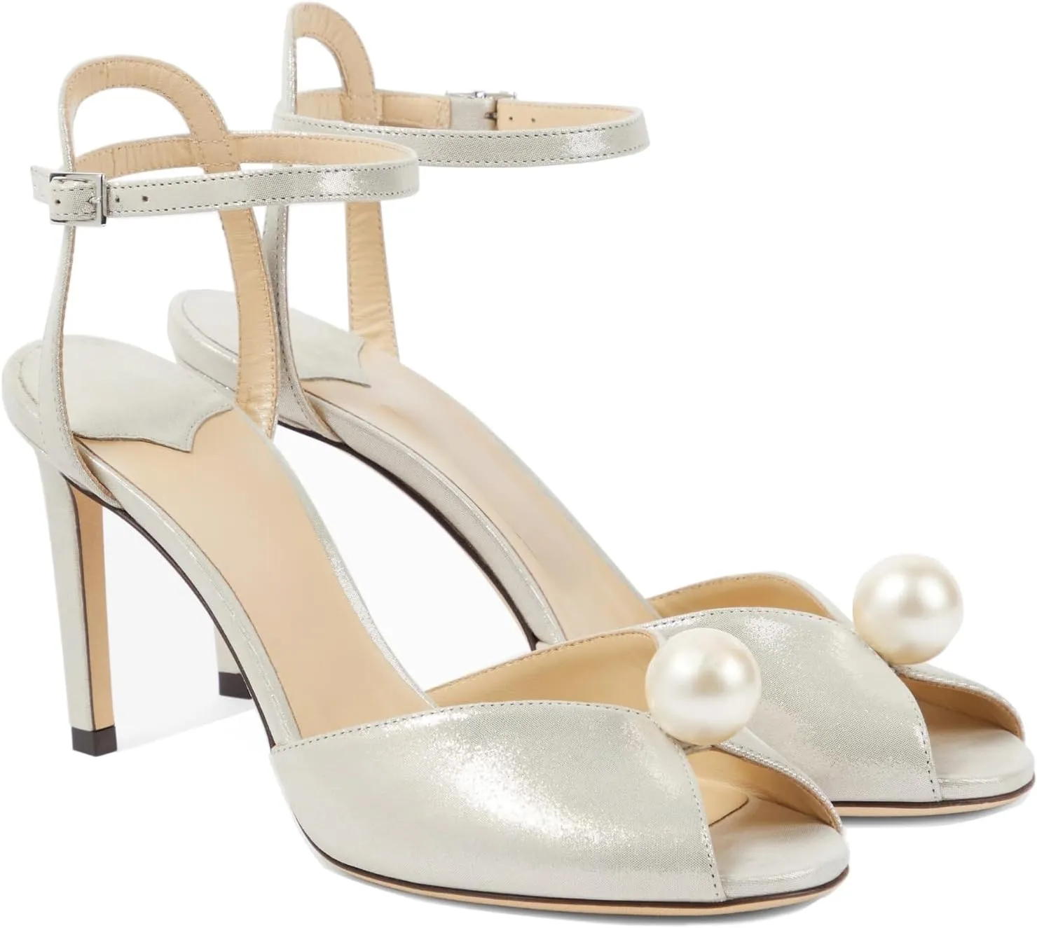 Goolita Womens Peep Toe Stiletto Heeled Sandals Shiny Pearl Buckle Ankle Strap Wedding Pumps Dress Evening Bride Bridal Shoes