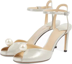 Goolita Womens Peep Toe Stiletto Heeled Sandals Shiny Pearl Buckle Ankle Strap Wedding Pumps Dress Evening Bride Bridal Shoes
