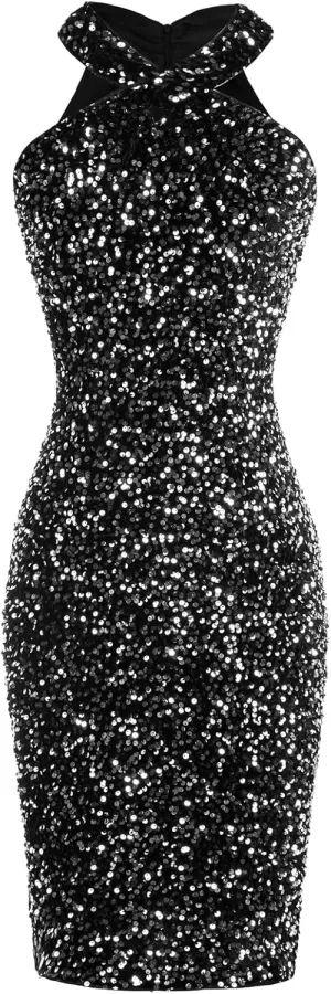 GRACE KARIN Sequin Dress for Women Sleeveless Sparkly Glitter Halter Dress Bodycon Mini Club Dresses 2025