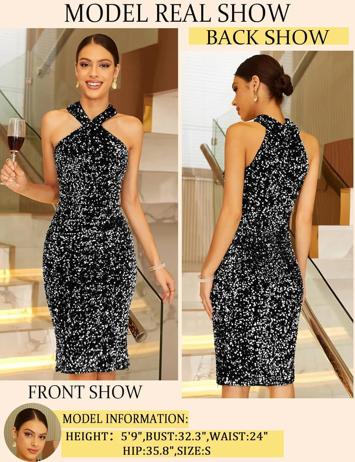 GRACE KARIN Sequin Dress for Women Sleeveless Sparkly Glitter Halter Dress Bodycon Mini Club Dresses 2025