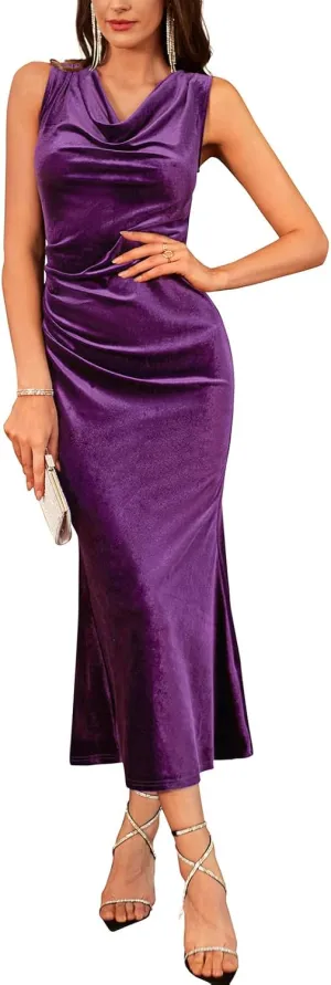 GRACE KARIN Womens Cowl Neck Long Formal Dresses Fall Velvet Sleeveless Maxi Bodycon Dress Ruched Mermaid Cocktail Dress