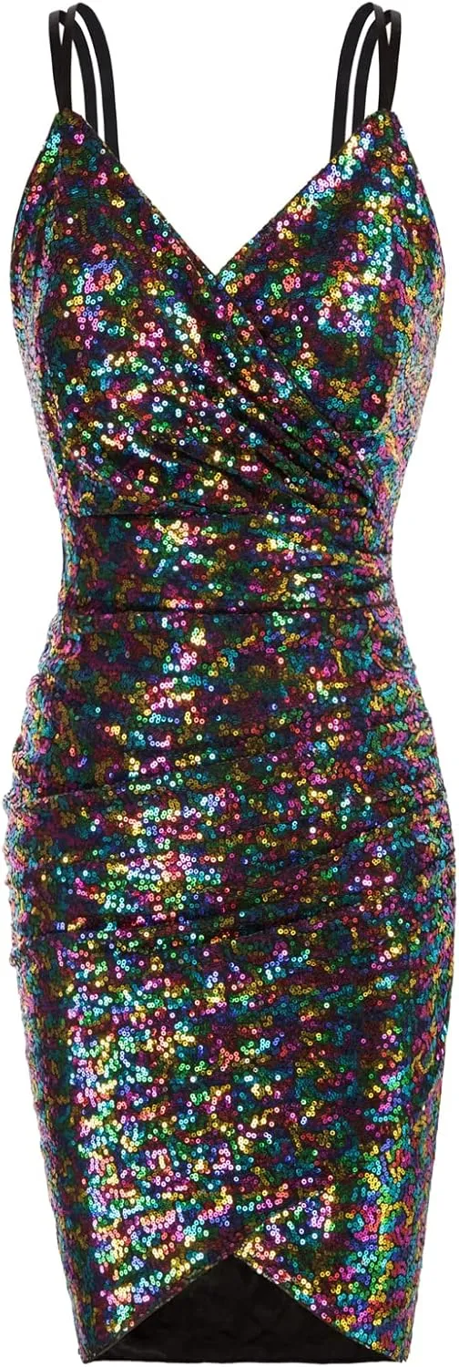 GRACE KARIN Women's Sexy Sequin Sparkly Glitter Ruched Party Club Dress Spaghetti Straps Wrap V-Neck Bodycon Dress