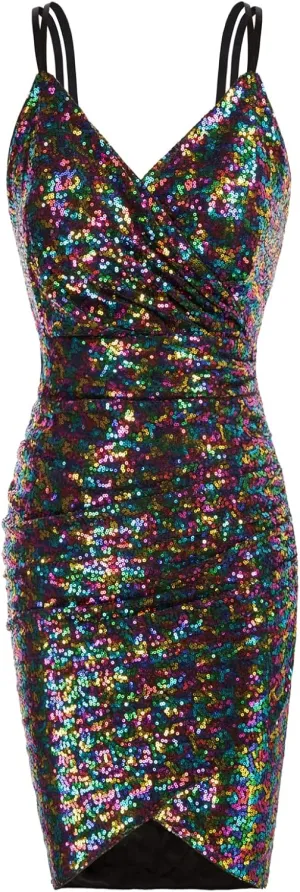 GRACE KARIN Women's Sexy Sequin Sparkly Glitter Ruched Party Club Dress Spaghetti Straps Wrap V-Neck Bodycon Dress