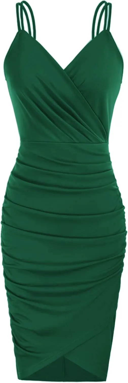 GRACE KARIN Women's Sexy Spaghetti Straps Cocktail Dresses for Wedding Guest Ruched V-Neck Bodycon Dress