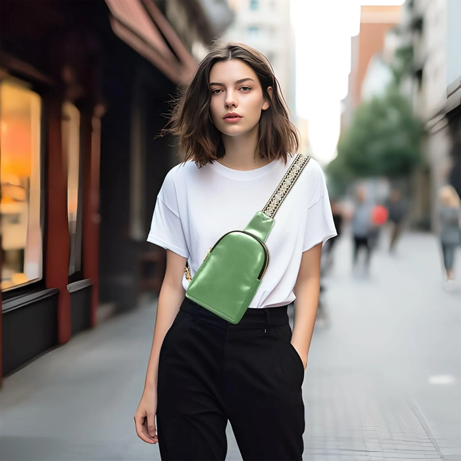 Grass Green Sling Bag for Women Men Fanny Packs Small Crossbody Bags for Women Leather Belt Bag Crossbody Purse Waterproof Chest Bag for Sports Travel Running Hiking