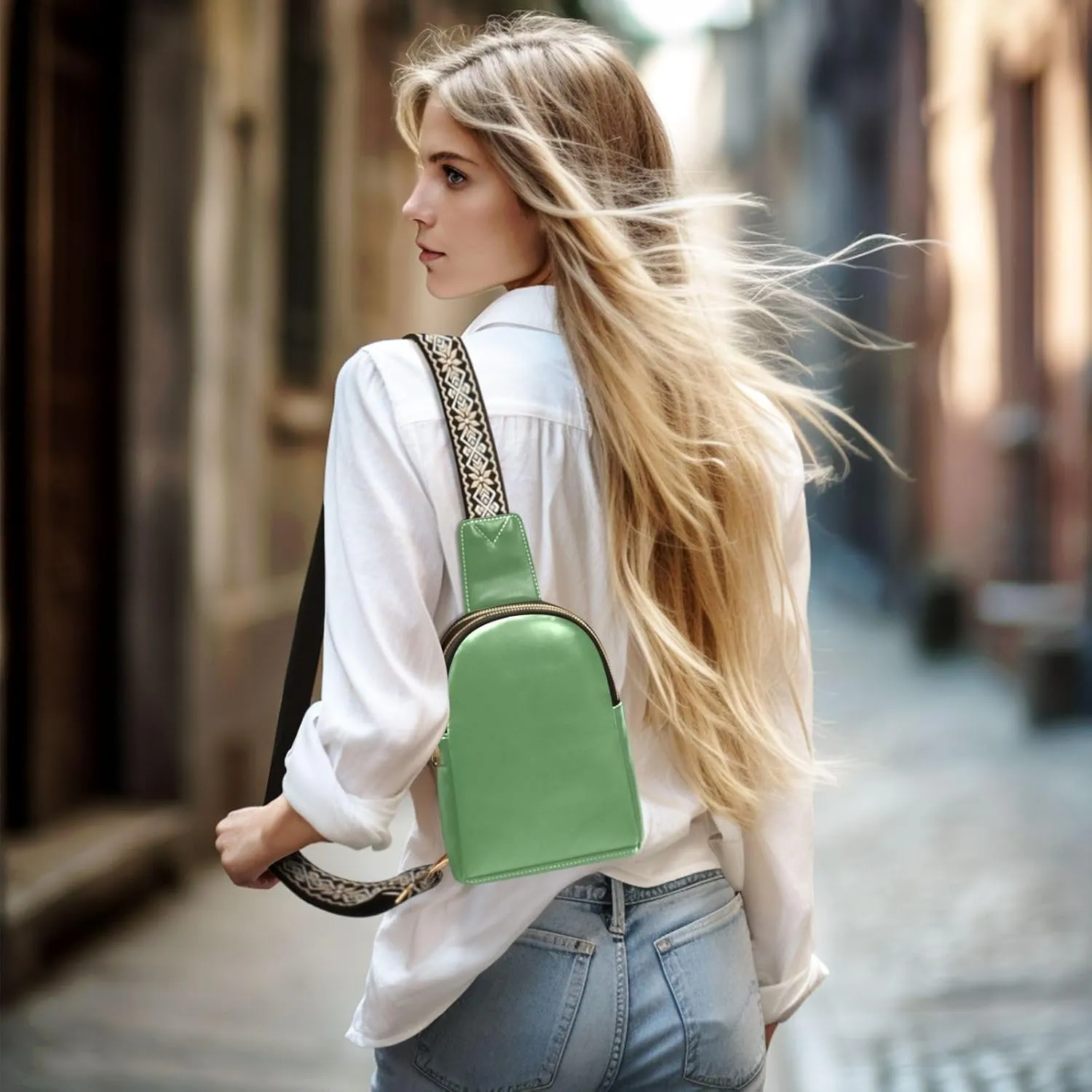 Grass Green Sling Bag for Women Men Fanny Packs Small Crossbody Bags for Women Leather Belt Bag Crossbody Purse Waterproof Chest Bag for Sports Travel Running Hiking