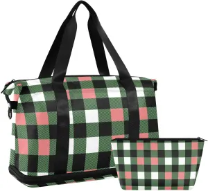 Green Black Buffalo Plaid Versatile Sports Travel Bag - Lasting Twill Tote, Removable Wheel & Rod Bagging, Multi-pocket Design, Complimentary Makeup Bag