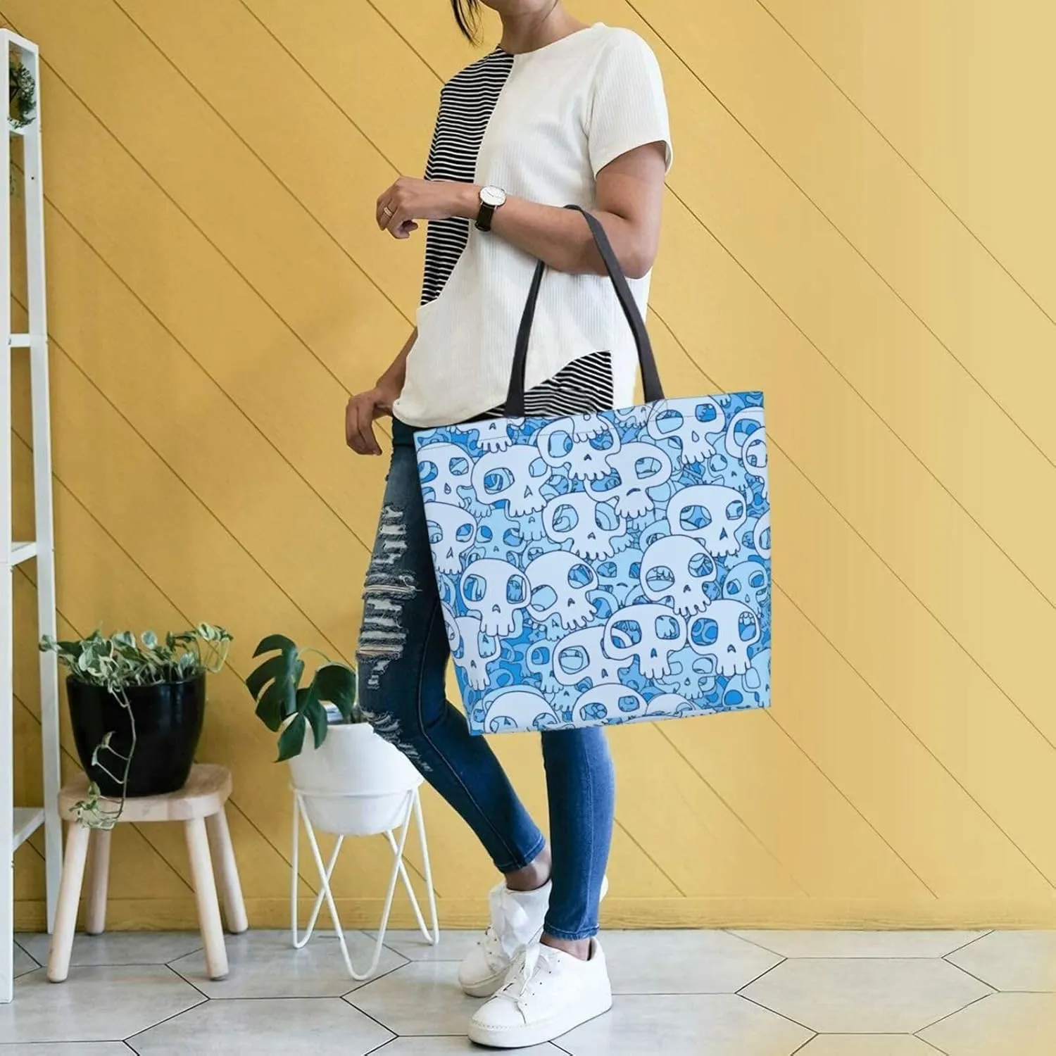 green fire Skull Reusable Grocery bags Big Capacity Shopping Bag Canvas Shoulder Tote Handbag for Women Girls