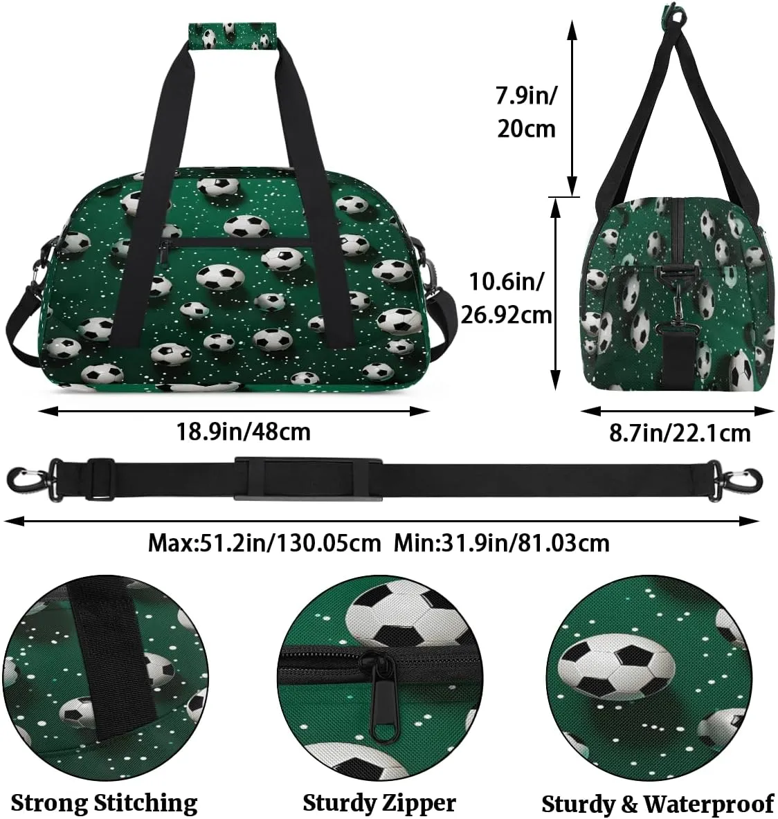 Green Football Kids Overnighter Duffel Bags for Boys, Carry-On Size Sports Gym Bag with Front Zipper Pocket for School Practice or Overnight Travel Weekender Sleepover Tote Bag