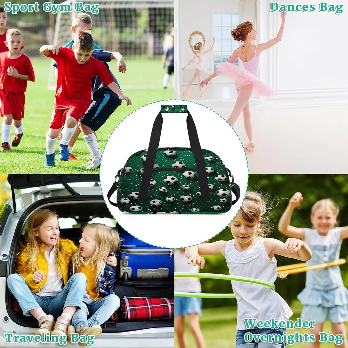 Green Football Kids Overnighter Duffel Bags for Boys, Carry-On Size Sports Gym Bag with Front Zipper Pocket for School Practice or Overnight Travel Weekender Sleepover Tote Bag