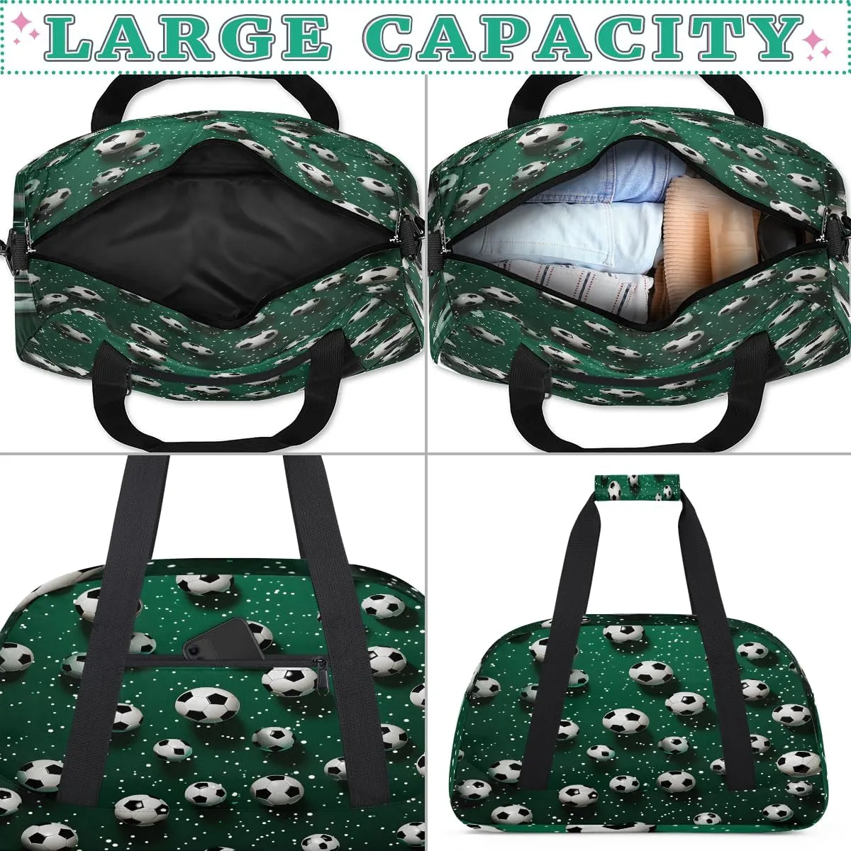 Green Football Kids Overnighter Duffel Bags for Boys, Carry-On Size Sports Gym Bag with Front Zipper Pocket for School Practice or Overnight Travel Weekender Sleepover Tote Bag