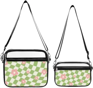 Green Pink Checkered Floral Transparent Cross Bag Two-piece Set, Fashionable Transparent Bag