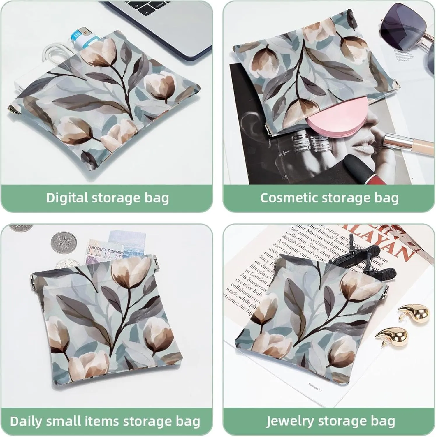 Grey White Abstract Tulip Flower Elegant Leaf Pocket Cosmetic Bag, Waterproof Squeeze Makeup Bag No Zipper Self-Closing, Portable Mini Travel Storage for Headphones Jewelry