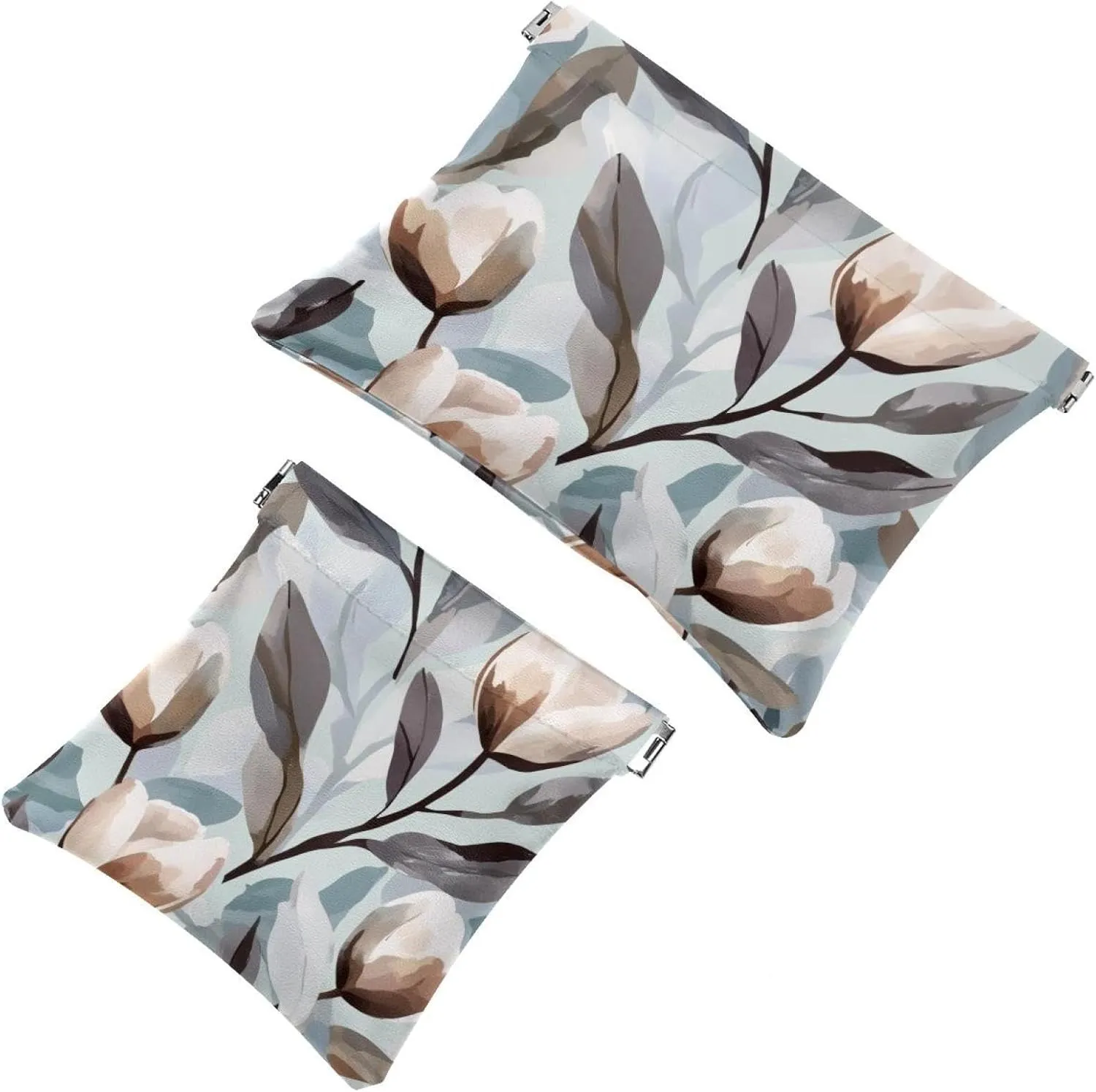 Grey White Abstract Tulip Flower Elegant Leaf Pocket Cosmetic Bag, Waterproof Squeeze Makeup Bag No Zipper Self-Closing, Portable Mini Travel Storage for Headphones Jewelry