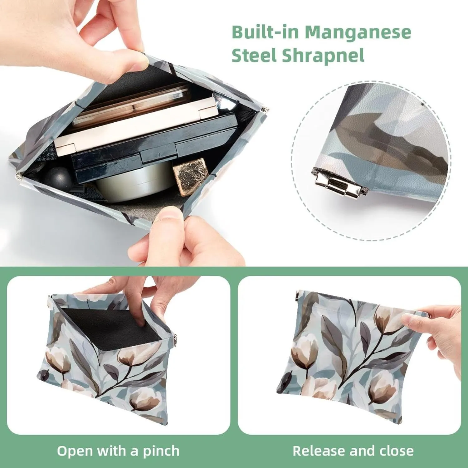 Grey White Abstract Tulip Flower Elegant Leaf Pocket Cosmetic Bag, Waterproof Squeeze Makeup Bag No Zipper Self-Closing, Portable Mini Travel Storage for Headphones Jewelry