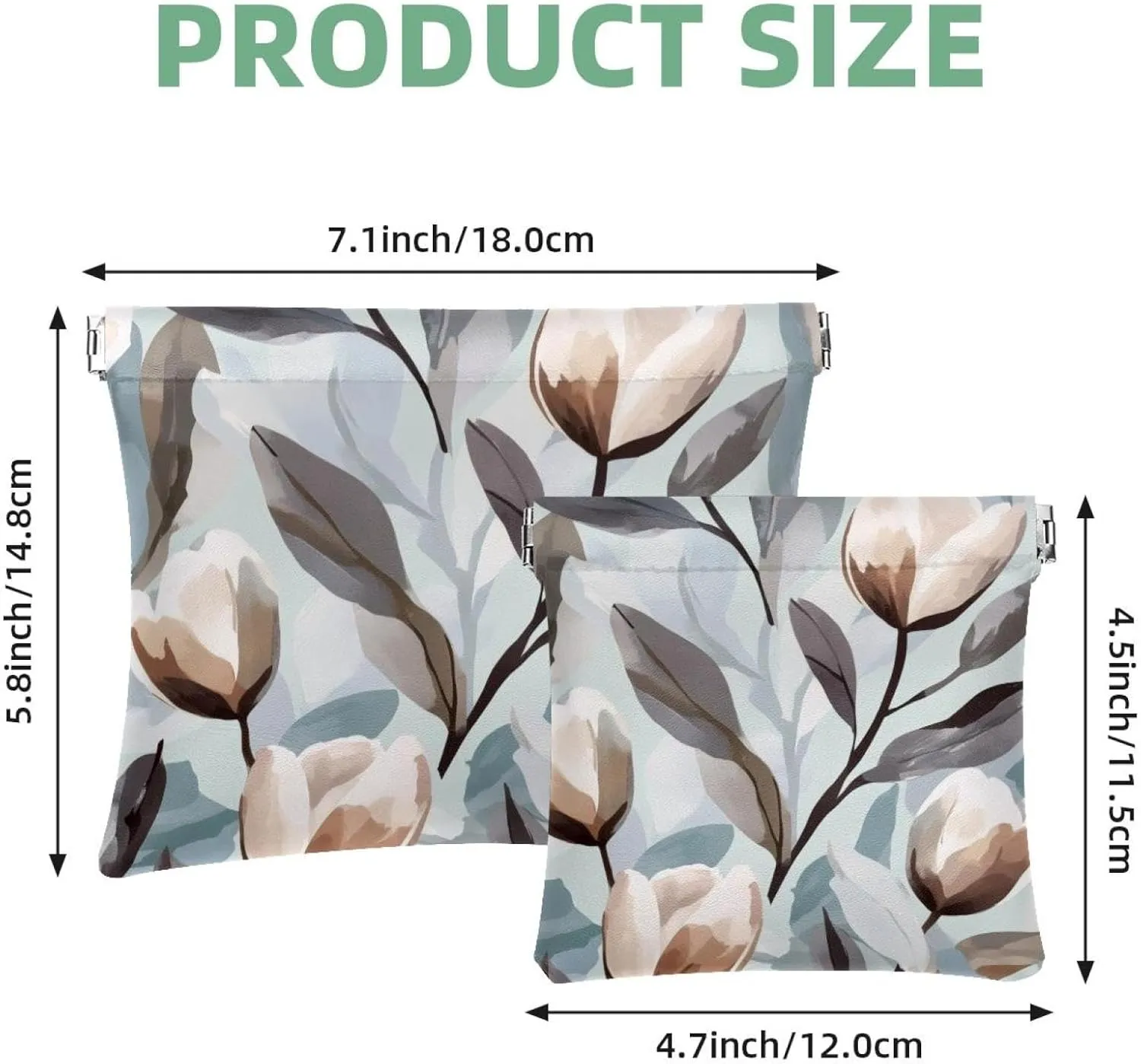Grey White Abstract Tulip Flower Elegant Leaf Pocket Cosmetic Bag, Waterproof Squeeze Makeup Bag No Zipper Self-Closing, Portable Mini Travel Storage for Headphones Jewelry