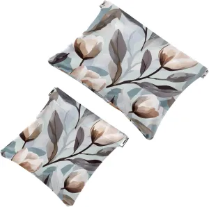 Grey White Abstract Tulip Flower Elegant Leaf Pocket Cosmetic Bag, Waterproof Squeeze Makeup Bag No Zipper Self-Closing, Portable Mini Travel Storage for Headphones Jewelry