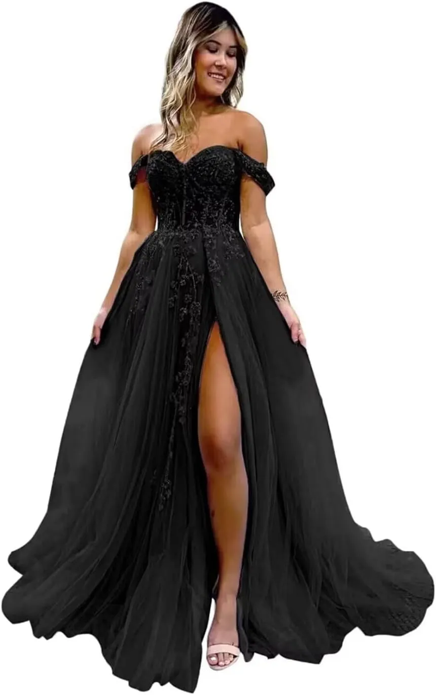 Guramisi Women's Off The Shoulder Prom Dresses with Slit Long Laces Appliques Formal Ball Gowns for Teens