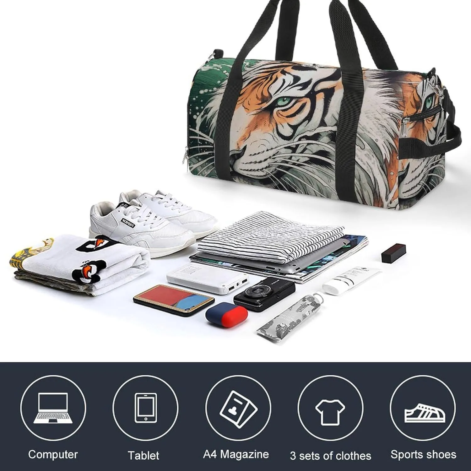 Gym Bag A Hand Drawn Tiger Duffel Bag for Men Women Overnight Bag with Shoe Compartment Workout Bags