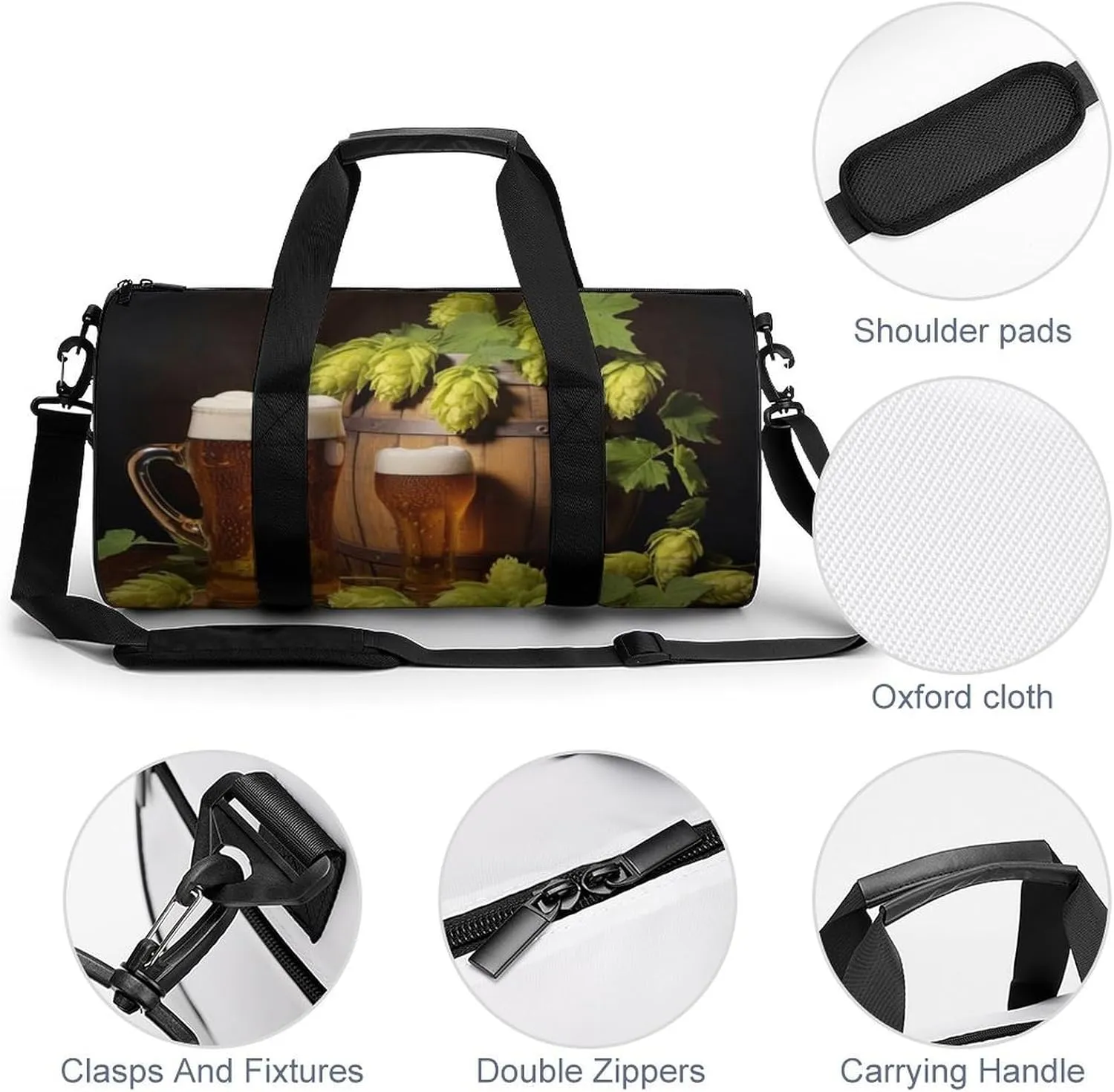 Gym Bag Beer And Hop Cones Duffel Bag for Men Women Overnight Bag with Shoe Compartment Workout Bags
